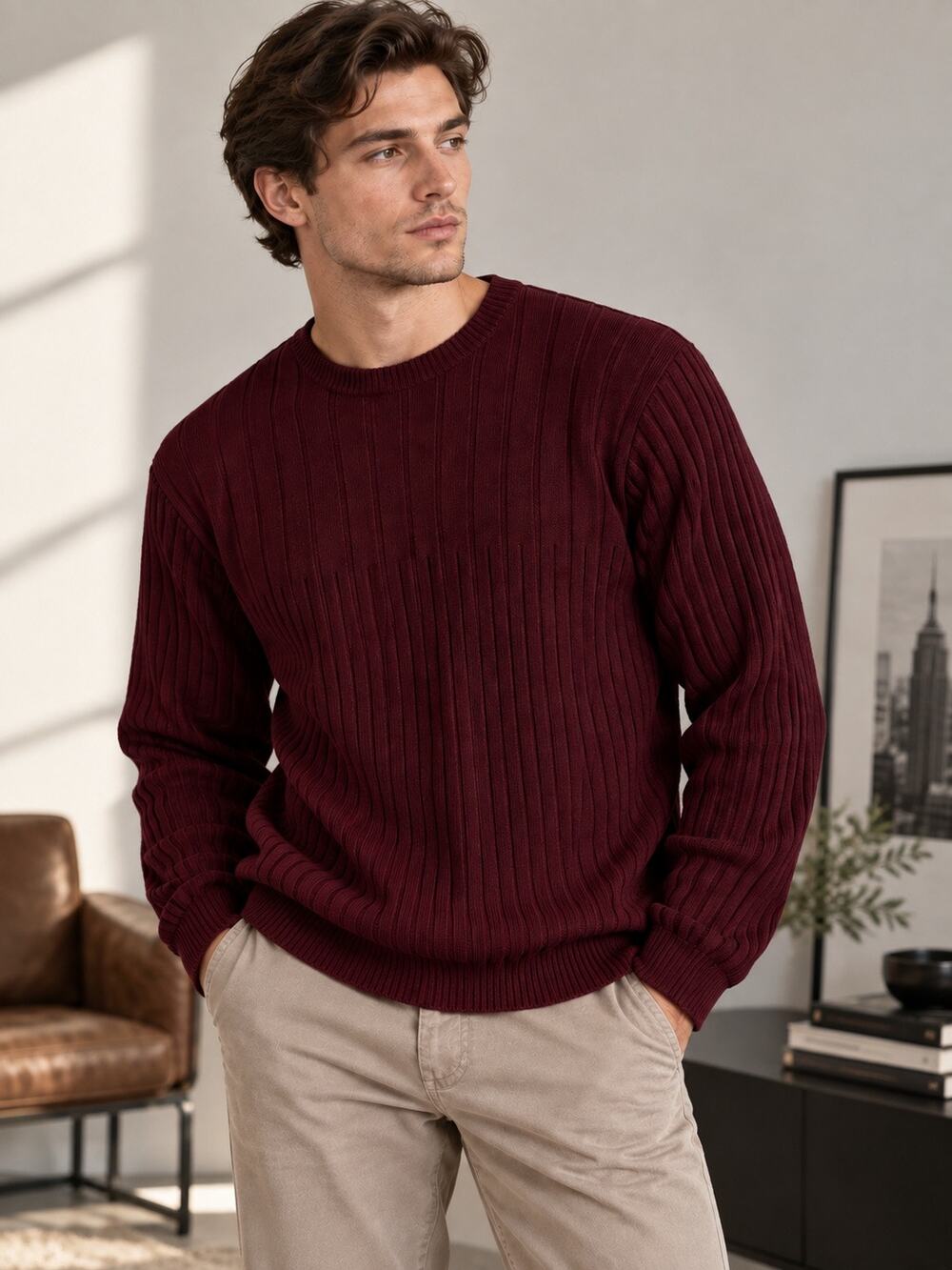 Claiborne Men’s Ribbed Crewneck Sweater Burgundy Size L Rayon Nylon